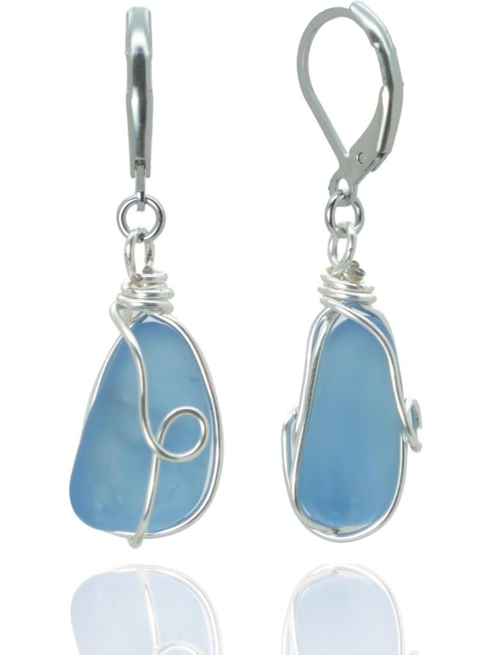 Handmade Sea Glass Wire Wrap Drop Earrings - Beachy Summer Jewelry Gift for